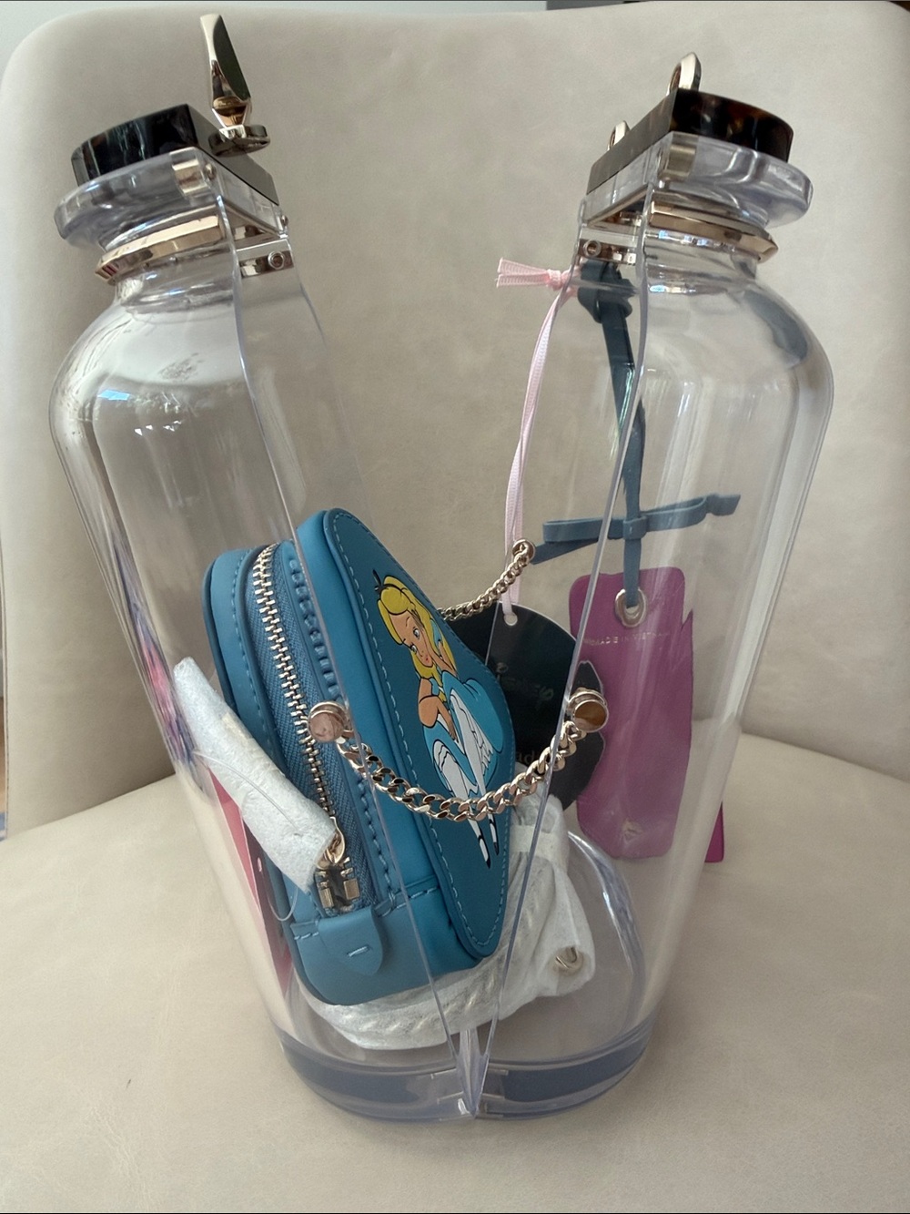 Kate Spade X Disney clear jar crossbody with blue Alice applique and pink tag - Picture 7 of 13